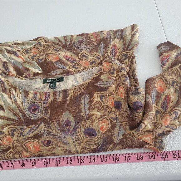 Ralph Lauren Womens Multicolor Peacock Feather Boatneck Top Size L 3/4 Sleeve - Picture 5 of 8